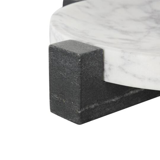 10" x 10" White with Black X-Shaped Base Marble Geometric Round Tray